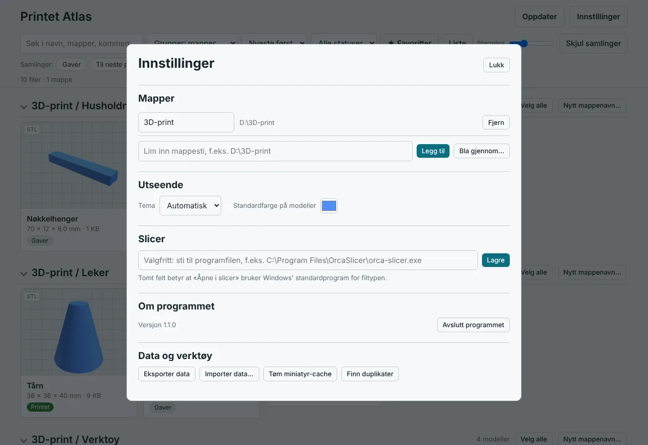 Innstillinger med mapper, utseende, slicer og data og verktøy
